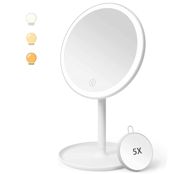 Sminkspegel Sminkspegel med lampor, 3-färgsdimbara lampor, Touch Sensor-knapp, 5X förstoring, Kosmetisk skönhet Löstagbar bänkskiva