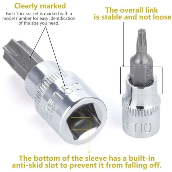 13-piece Torx Socket Set, T8-T70 Bit Sockets, Internal Torx Sockets, Torx Bit Socket Set, Chrome Vanadium Steel, 1/4\", 3/8\" and 1/2\" Drive