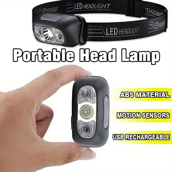 USB Rechargeable LED Headlamp with Motion Sensor - Adjustable, Matte ABS Portable Lamp for Camping, Hiking & Running Head Lamp 1pc Head Lamp 1pc