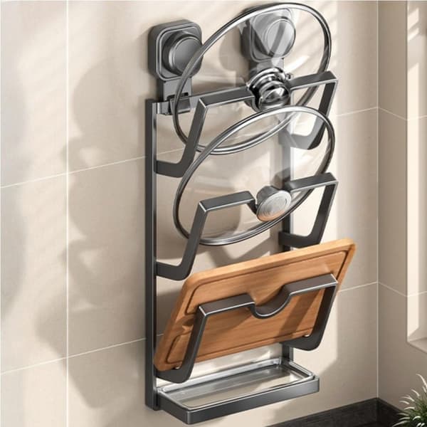 Metal Lid Rack, Cutting Board Rack with Suction Cup, Wall-Mounted Multi-Layer Storage Rack, Kitchen Utensil Rack (Grey, 6.3 * 3.1 * 16.9) [Ho]