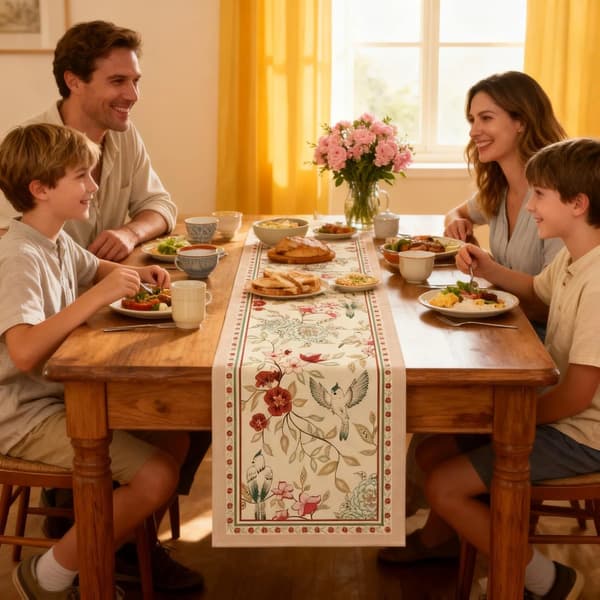 Floral and Bird Table Runner, 183x33cm Linen Fabric, Washable Reusable Table Runner for Dining Table, Floral Table Runner and Spring Tablecloth