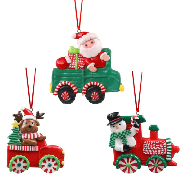 Set med 3 julgranspynt i lera - Bil, tåg, hänge - Cartoon Santa, älg, snögubbe - Barnleksaker, julparty, DIY-dekoration