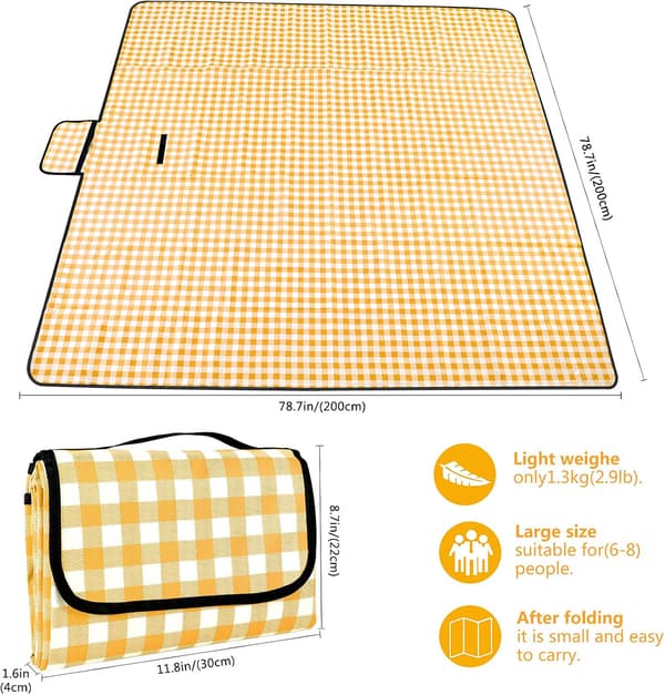 Picnic Blanket (200 cm x 200 cm) — Waterproof, Washable, Lightweight, with Handle — Yellow and Pink Plaid Pattern