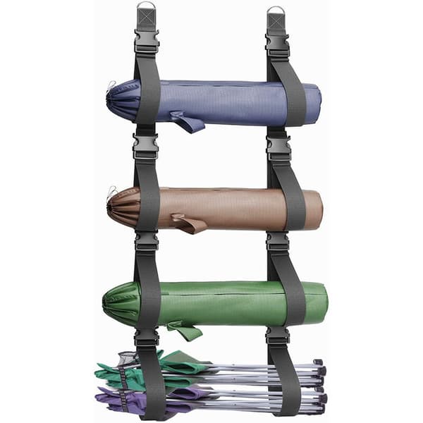 Wall-mounted storage for camping chairs, wider and adjustable straps with quick-release buckles, hanging storage system for more garden chairs