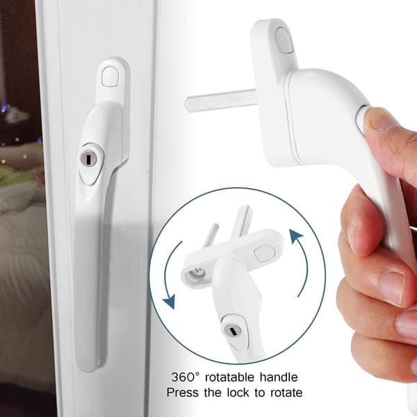 (White) 4 pieces lockable aluminum window handles, window handles with key, security handles for lockable windows and doors, 43 mm spindle length