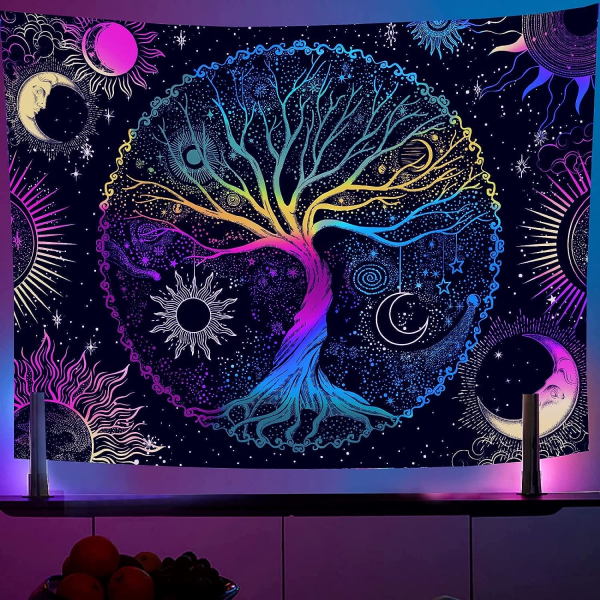 95x73CM Svartlys-veggteppe for soverom - Livets tre veggteppe UV-reaktivt spirituelt veggteppe Trippy glødende i mørket