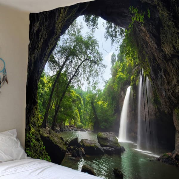 Forest Waterfall Tapestry, Terylene Background, Multifunctional and Easy to Clean Hanging Decor