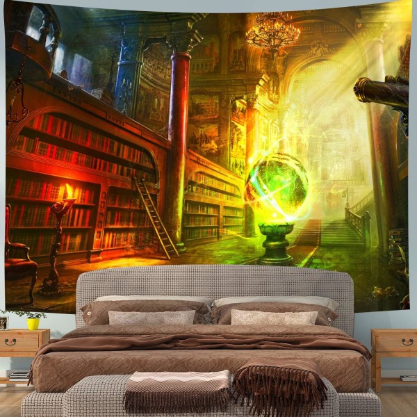 Halloween-veggteppe med heks 73x95CM Retro biblioteksbokhylle magisk kule slott veggteppe for barn voksne romdekorasjon stue