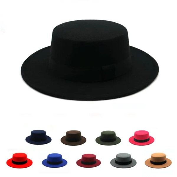 1 stk Klassisk flat topphatt britisk stil jazzhatt med rett bremmet Manhattan hatte for unisex (svart)