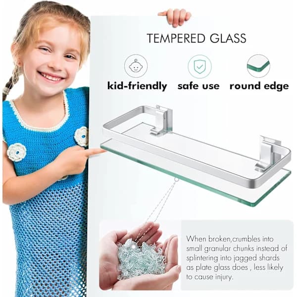 Glass Bathroom Shelf, Aluminum, 8mm Tempered Glass, Extra Thick, 1 Piece Rectangular, 1 Layer Storage Organizer, Wall Mounted, Silver