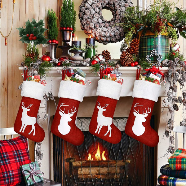 Set med 4 julstrumpor, 45 cm julstrumpa Hängande klassisk ren juldekoration för familjefest jul nyår