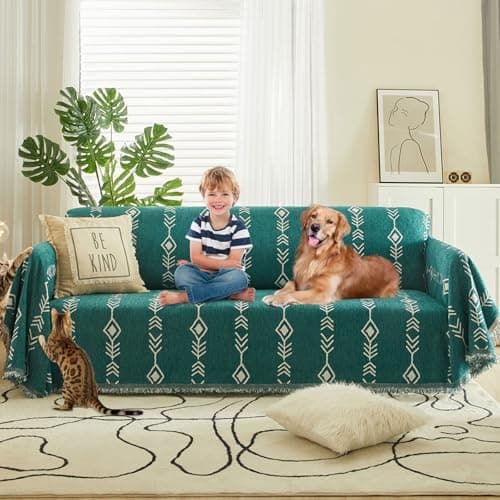 180x130cm Boho Sofatrekk Mørkegrønn Chenille Sofatrekk Form Sofatrekk Hvit Geometrisk Seksjons Sofatrekk