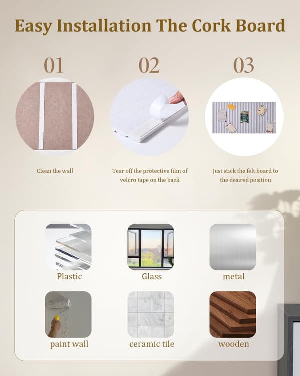 Large Bulletin Board, 61 x 41 cm, Decorative Felt Board, 9 mm Thick, Foldable Photo Display Board with Tape, Vision Board