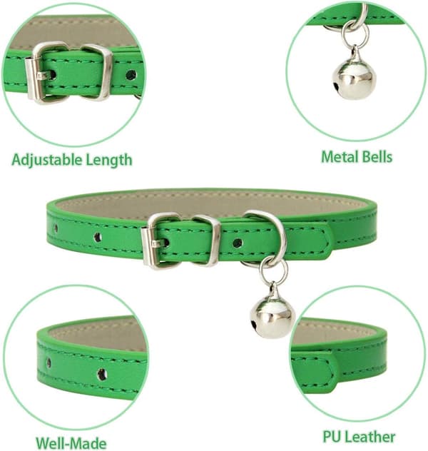 Leather Cat Collars with Bells and Adjustable Durable Metal Buckles, Handmade, 8-Pack