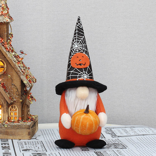Halloween-tomteplyschdocka med pumpa, fladdermus, spindelnät, prydnad för hemmet, fest, bordsdekoration, GnomeA