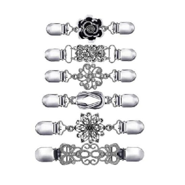 Sexdelat set Klänningsclips Kofta Krage Clips Silver Blomma Clips gör dig mer elegant och charmig