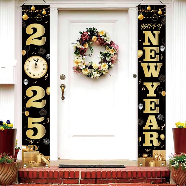 Svart Happy New Year Dörrbanderoll 2025, häng dem på din dörr utomhus eller inomhus för att fira ankomsten av 2025