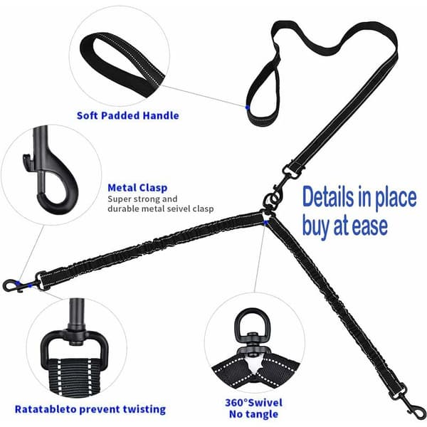 2 Dog Leash, Tangle-Free Double Leash for Dog Walking Training 360° Swivel Adjustable Reflective Length Double Thread Divider for Two D