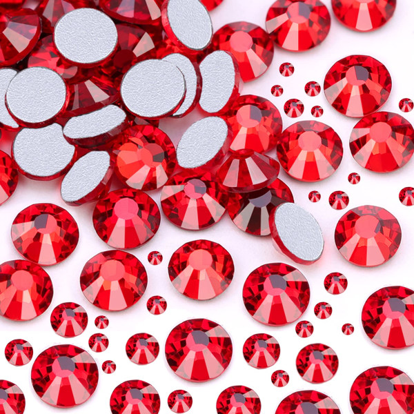 1728 kpl Tasakantaisia ​​lasistrasseja, 2 kokoa 1,5–6,5 mm, litteät kristallit, (punainen)