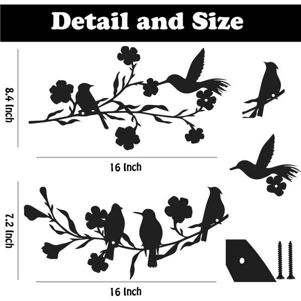 2 delar Metallfåglar Väggkonstdekor på gren Metallfåglar Silhuett Väggskulptur Svarta Löv Blommor Väggdekor och