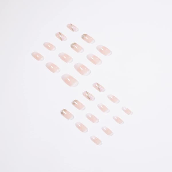 Press on Nails Short - with Design Glitter Sequins Gradient Pink Full Cover Artificial Nails, 24 Pcs False Nails