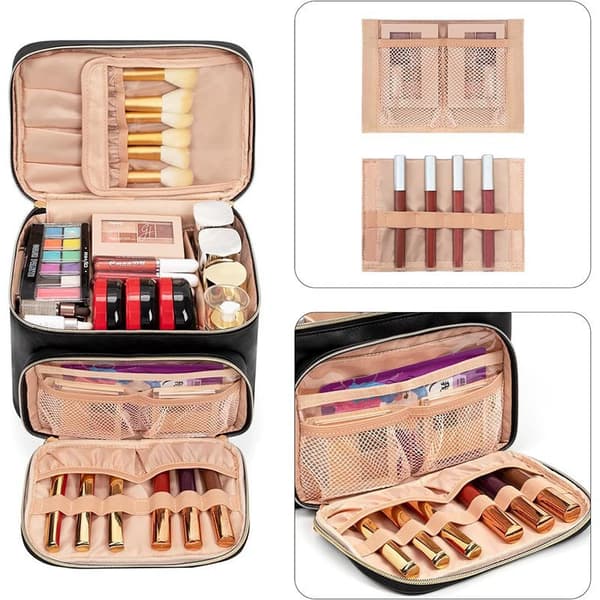 Travel Makeup Bag - Multiple Compartments with Makeup Brush Holders - Handle Divider - Stylish Cosmetic Bag - Storage Bag - Small Makeup Bag