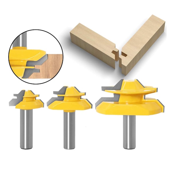 45 graders låsegehrungsfresesæt, 3 dele, til 31/64\", 3/4\"，1\", skærehøjde, 1/2 tommer skaft. Træbearbejdningsværktøjer Samlingsfræser