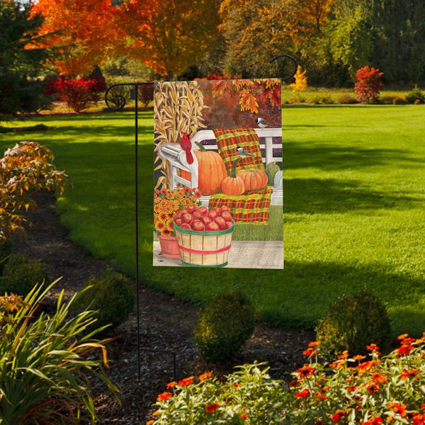 Efterårs Picnic Scene Haveflag Fald Æblekurv 12,5 \"x 18\" Thanksgiving Græskar Kalkun Haveflag