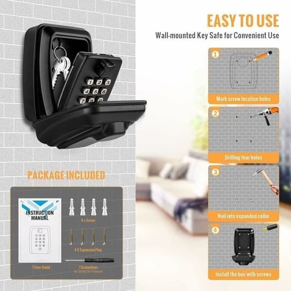 Secure Outdoor Key Lock Box, Large Wall Mount Key Safe with 12-Digit Code, Waterproof and Rustproof, for Home, Garage, School