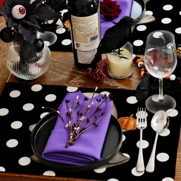 Halloween Bordløbere Sæt af 4, Græskar Spooky Spøgelse Sæsonmæssig Burlap Polka Dots Farmhouse Indendørs Køkken Spisestue Bord Deko