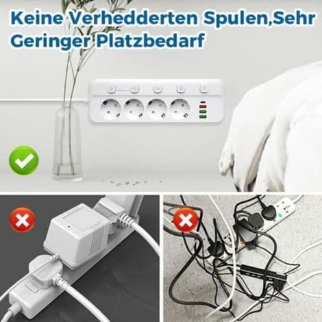 Power strip with individual switches, 4 USB-C sockets (3 USB-A + 1 USB-C), wall-mounted multi-plug for home, office or kitchen, 2M-White