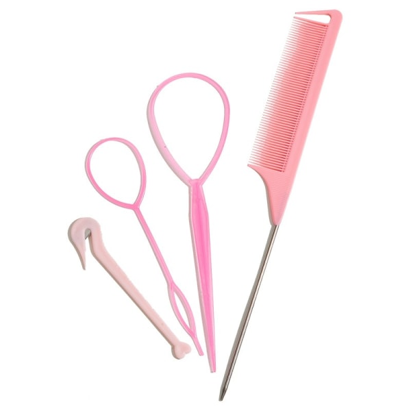 Hårhaleverktøy, 4-pakk hårløkkeverktøysett kam metallstift haleflettekam for hårstyling, rosa