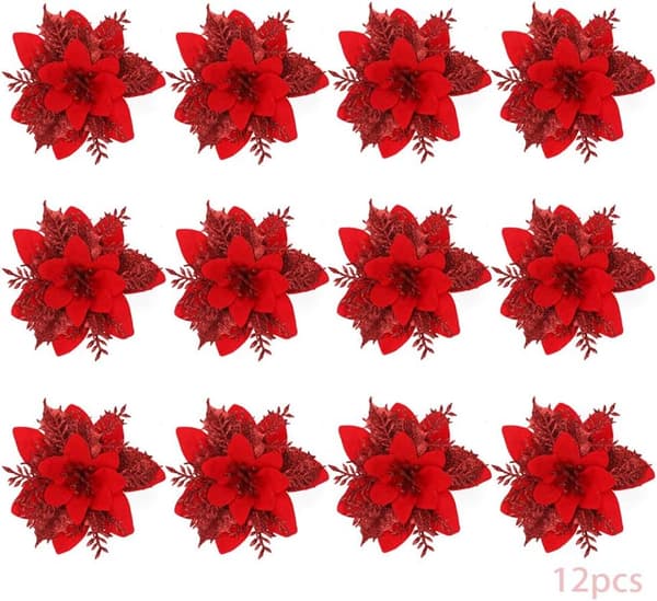 12 stk. kunstige juleblomster, julestjerne, juleblomster, julepynt