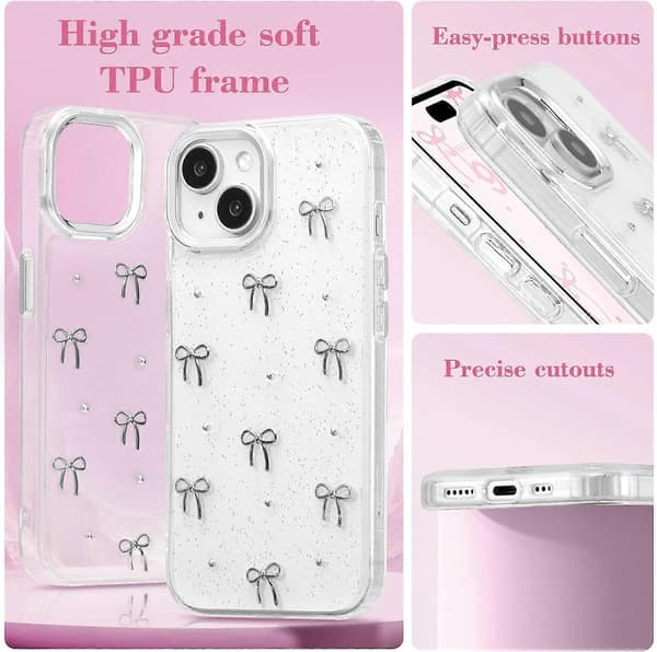 1. mobilskall for iPhone 15, glitrende 3D-rosett mobilskall