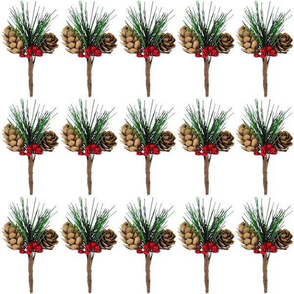 15 stycken konstgjorda tallkottar och mini konstgjorda röda bär för juldekorationer, kransar och blommor