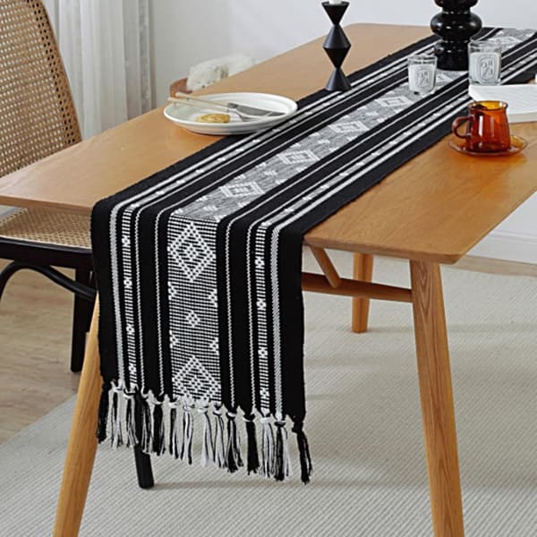 Black Boho Table Runner with Tassels 34 x 183cm, Cotton Linen Woven Farmhouse Table Runner Bohemian Dining Table Runner