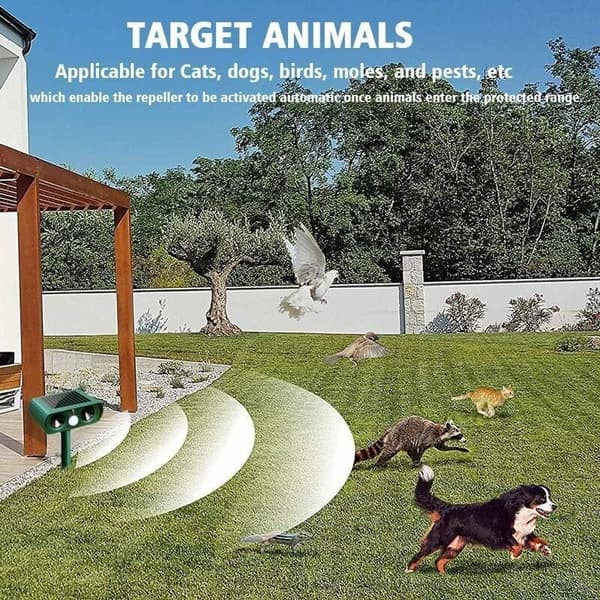 Solar Powered Ultrasonic Pet Repeller - Adjustable Sensitivity and Frequency - Waterproof and Weather Resistant - Range up to 8m