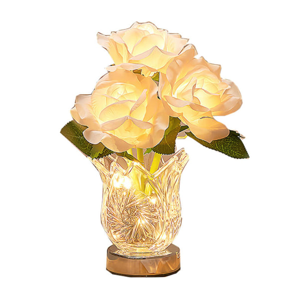 Rose bordlampe, blomsterlampe, batteridrevet rose bordlampe, kunstig blomsterlampe med glas Va Silvery