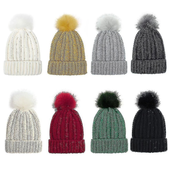 Mode Beanie för Kvinnor Varm Stickad Mössa med Fuskpäls Pompom Vinter Stretch