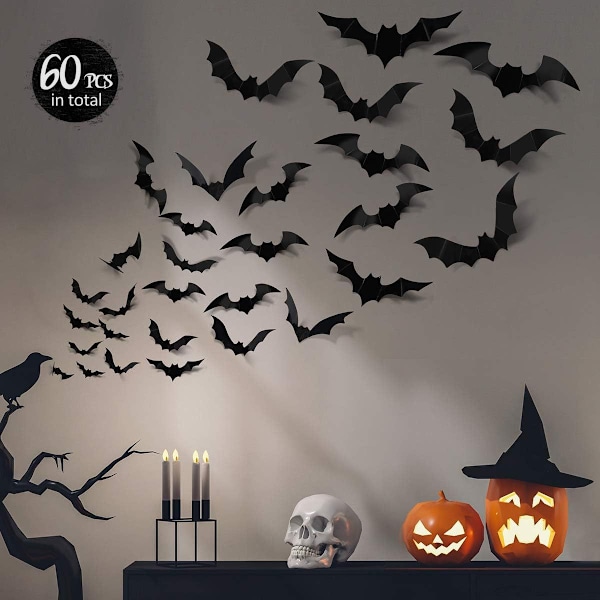 Fledermus Vægsmykke, 60 stk. 3D Halloween Dekorationsstickers i 4 Størrelser, Vandafvisende Sorte Spøgelsesfladdermus til Rumindretning