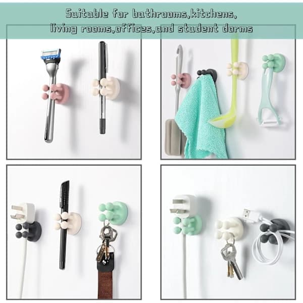 Silicone Toothbrush Holder 6 Pcs Multifunctional Hook Razor Holder Waterproof Self-Adhesive Wall Mounted Single Hook Black