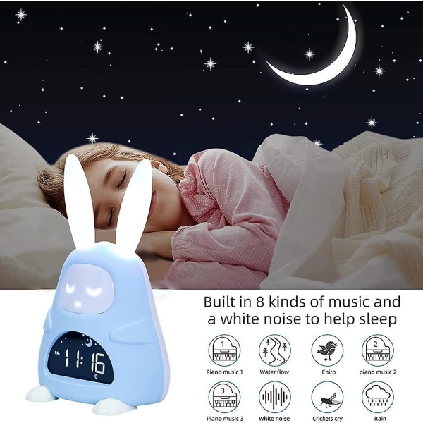 Ny intelligent sömntränare Nattljus väckarklocka för barns sovrum, digital väckarklocka med valfri musik, dubbla larm, klar ledskärm, Sky I