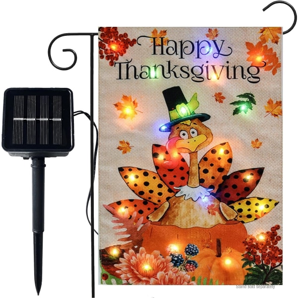 Happy Thanksgiving Turkiet trädgårdsflagga med ljus- Solar LED-säckväv- Thanksgiving Turkiet Yard Mini Flaggor 12x18 Double Si