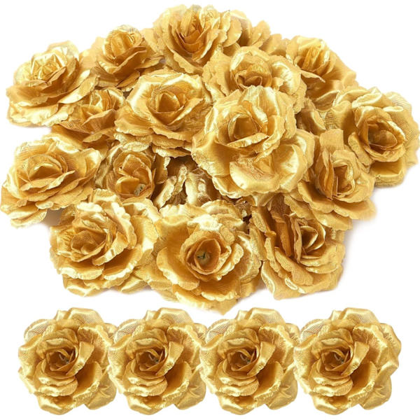 30 Pakk Kunstige Gullroser Blomster, Blomsterhode, Gull Kunstig Silke Rose Blomsterhoder for Valentinsdag Bryllup Fest Hjemmedekor