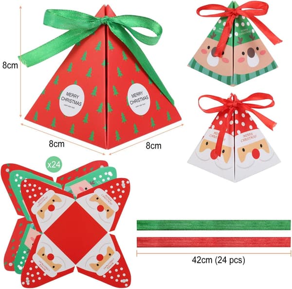 24 Christmas Candy Boxes Triangular Boxes with Ribbons for Biscui