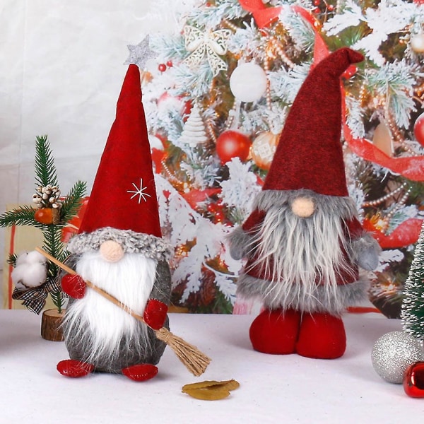 Stående julenisse med kost Jul Dverg Gnome Doll Ornament Søt Dw