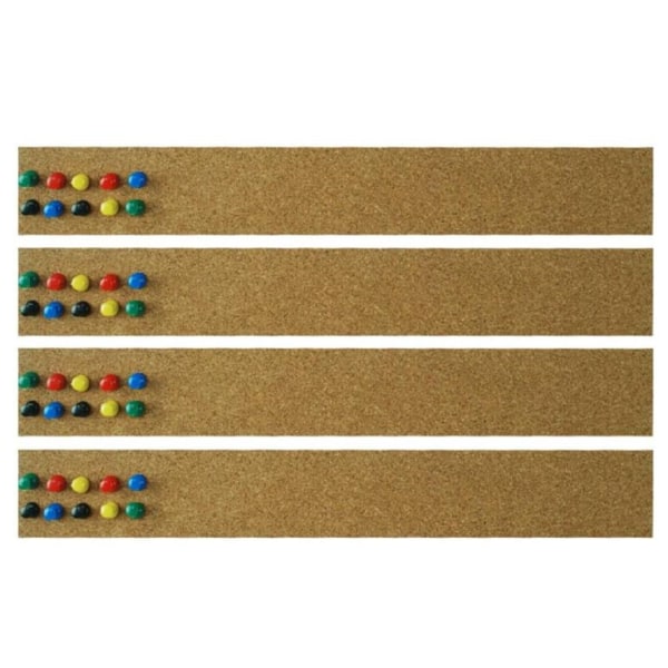 Cork Board anslagstavla Bar Strip 5 x 38 cm tjock, naturlig ramlösa Cork Board Strips med flerfärgade tryckstift, - 4 st.