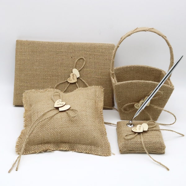 Flower Basket + Wedding Ring Bearer Pillow Jute Four-Piece Set Decoration