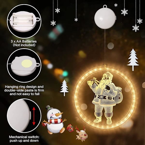 Julepynt LED-lysstreng Vindu Hengende 3D Lys Batteridrevet Med Sugkopp Varmt Hvit For Utendørs Innendørs Juletre Hengende Lys