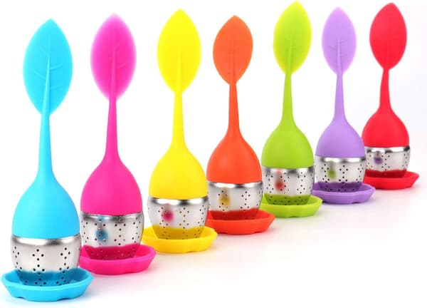 Teinfuser - Sett med 7 silikonhåndtak i rustfritt stål inkludert dryppebrett - Løst te-filter - Beste teinfuser